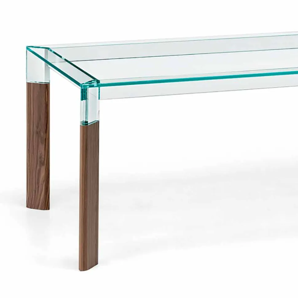 Tavolo da Pranzo Piano in Vetro e Base Legno Massello Made in Italy - Presino