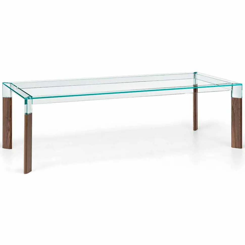 Tavolo da Pranzo Piano in Vetro e Base Legno Massello Made in Italy - Presino
