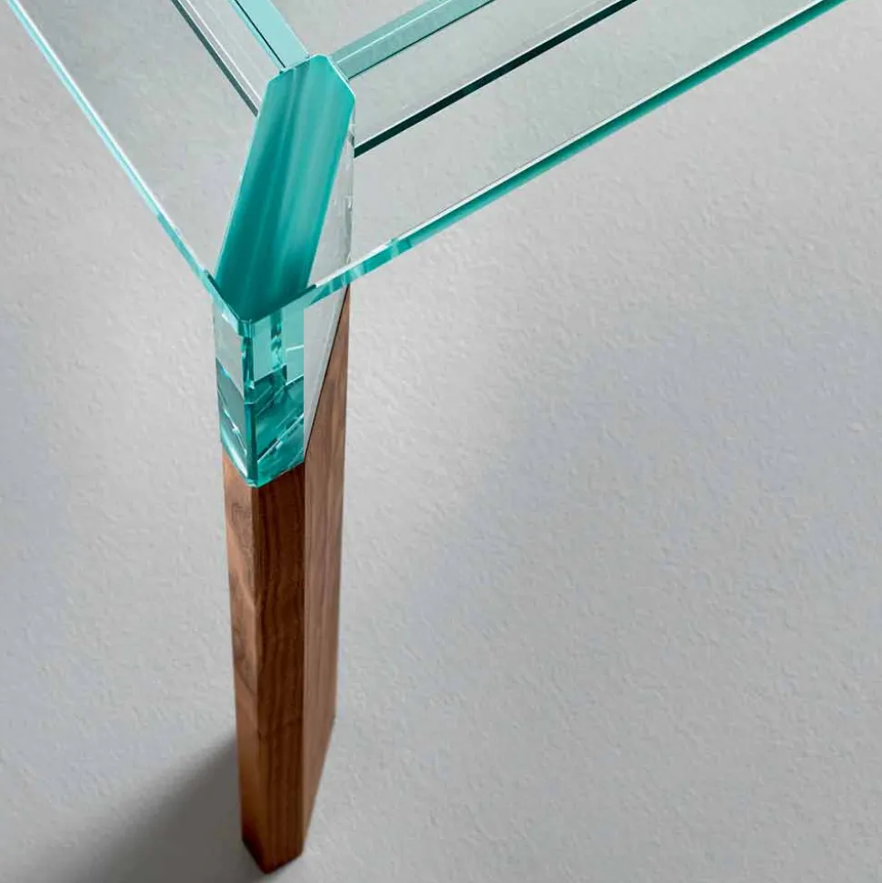 Tavolo da Pranzo Piano in Vetro e Base Legno Massello Made in Italy - Presino