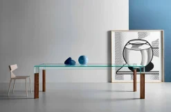 Tavolo da Pranzo Piano in Vetro e Base Legno Massello Made in Italy - Presino