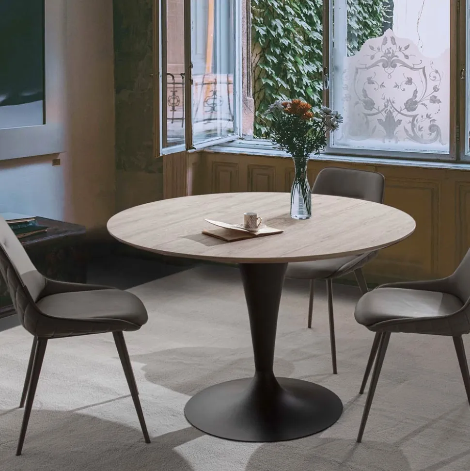 Tavolo da Pranzo Rotondo con Piano in Legno Laminato Rovere Materico - Moreno