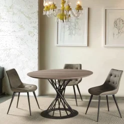 Tavolo da Pranzo Rotondo con Piano in Legno Laminato e Base in Acciaio - Mileto