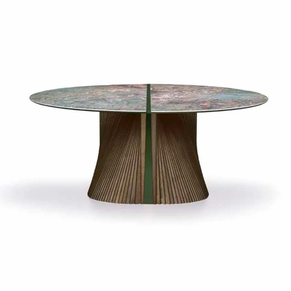 Tavolo da Pranzo Rotondo di Lusso in Gres Lucido e Legno Made in Italy - Madame