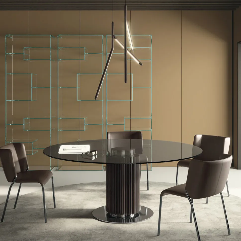 Tavolo da Pranzo Rotondo in Vetro Fumè con Base in Legno Made in Italy - Rondo