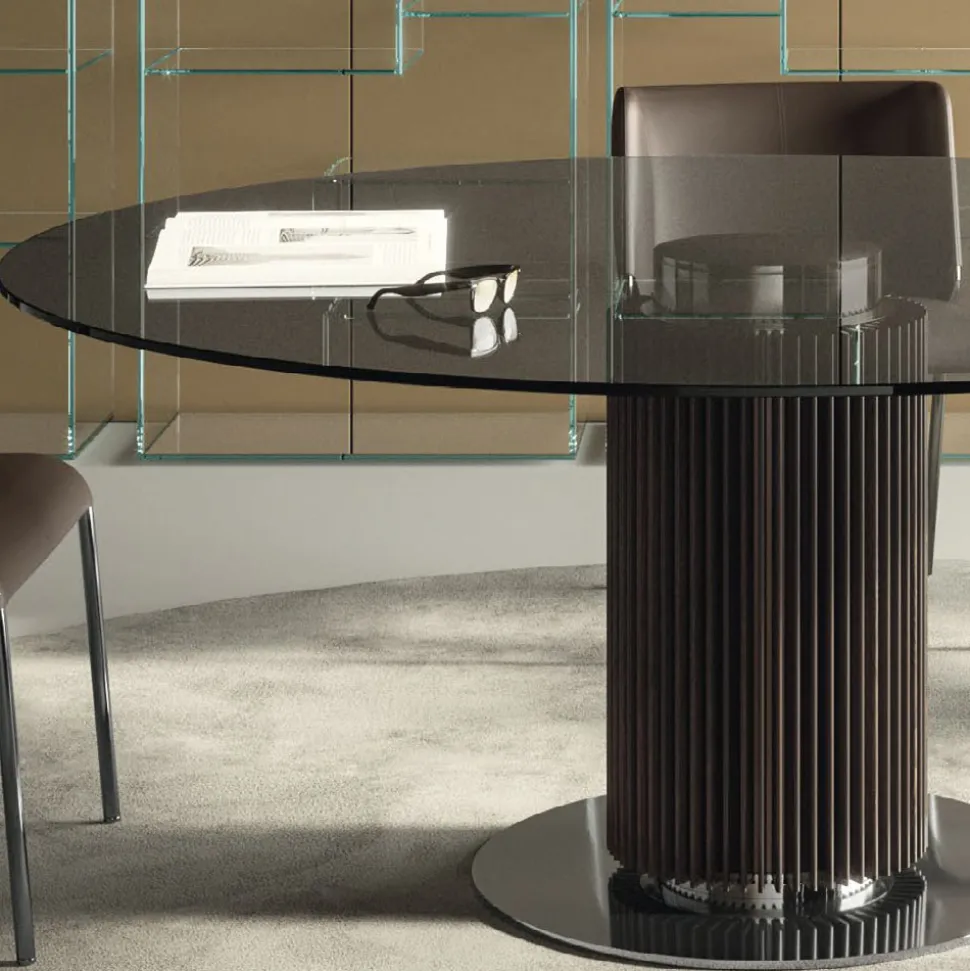 Tavolo da Pranzo Rotondo in Vetro Fumè con Base in Legno Made in Italy - Rondo