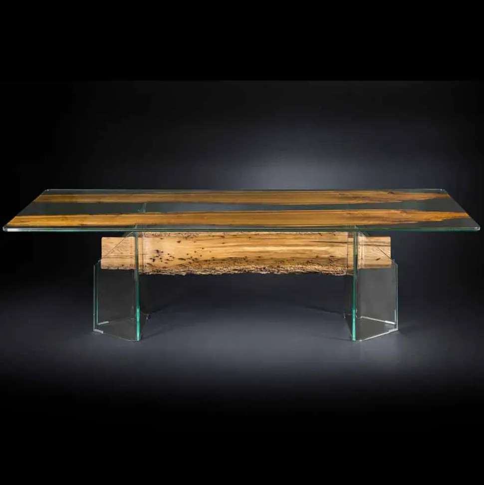 Tavolo di design in legno di briccola veneziana e vetro Venezia