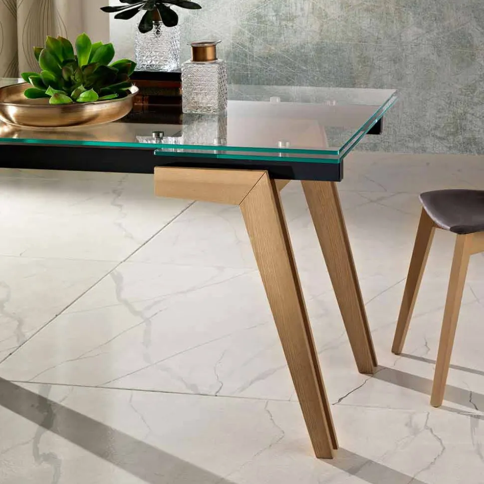 Tavolo estensibile in vetro e legno massello made in Italy, Dimitri