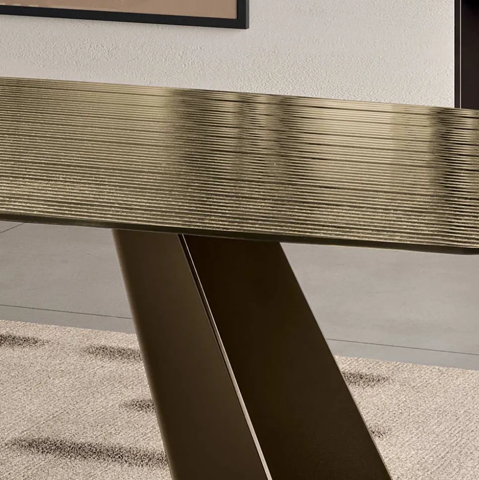 Tavolo Fisso con Base in Metallo e Piano in Vetro Rigato Made in Italy - Lumo