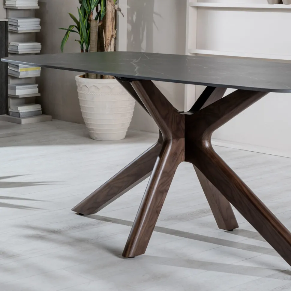 Tavolo Fisso con Piano in Ceramica e Base in Legno Massello di Noce - Arancio