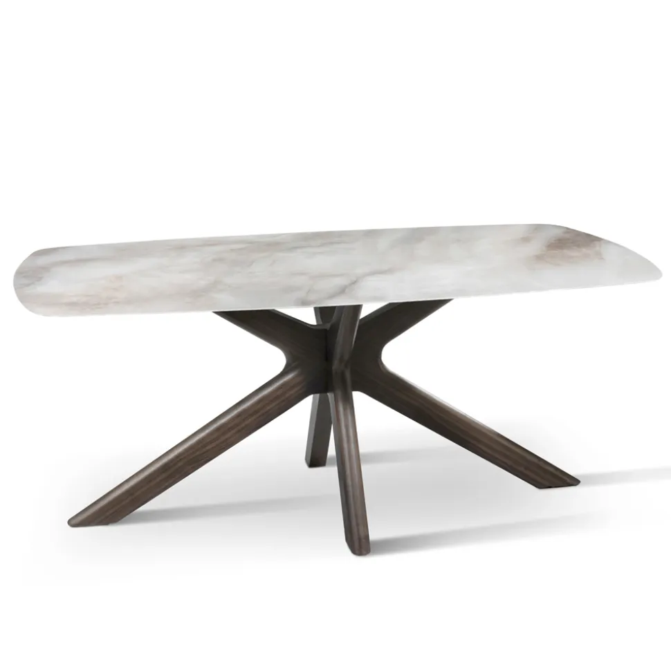 Tavolo Fisso con Piano in Ceramica e Base in Legno Massello di Noce - Arancio
