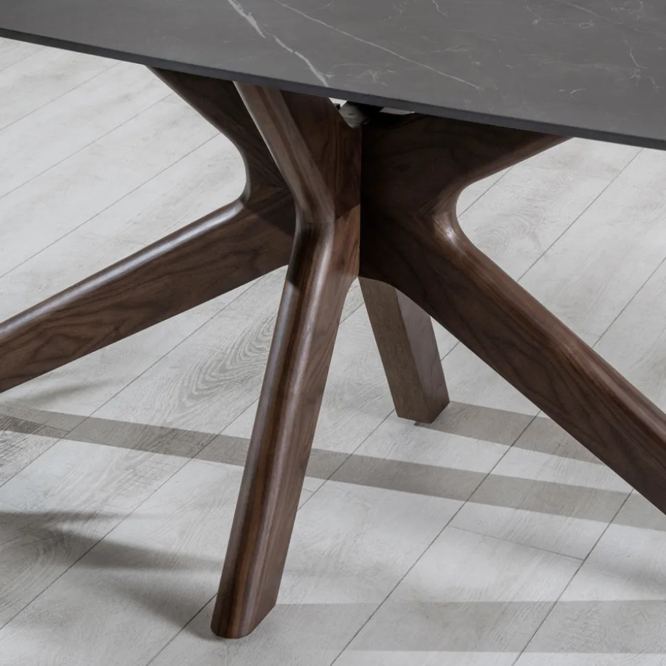 Tavolo Fisso con Piano in Ceramica e Base in Legno Massello di Noce - Arancio