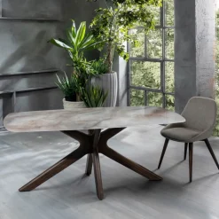 Tavolo Fisso con Piano in Ceramica e Base in Legno Massello di Noce - Arancio