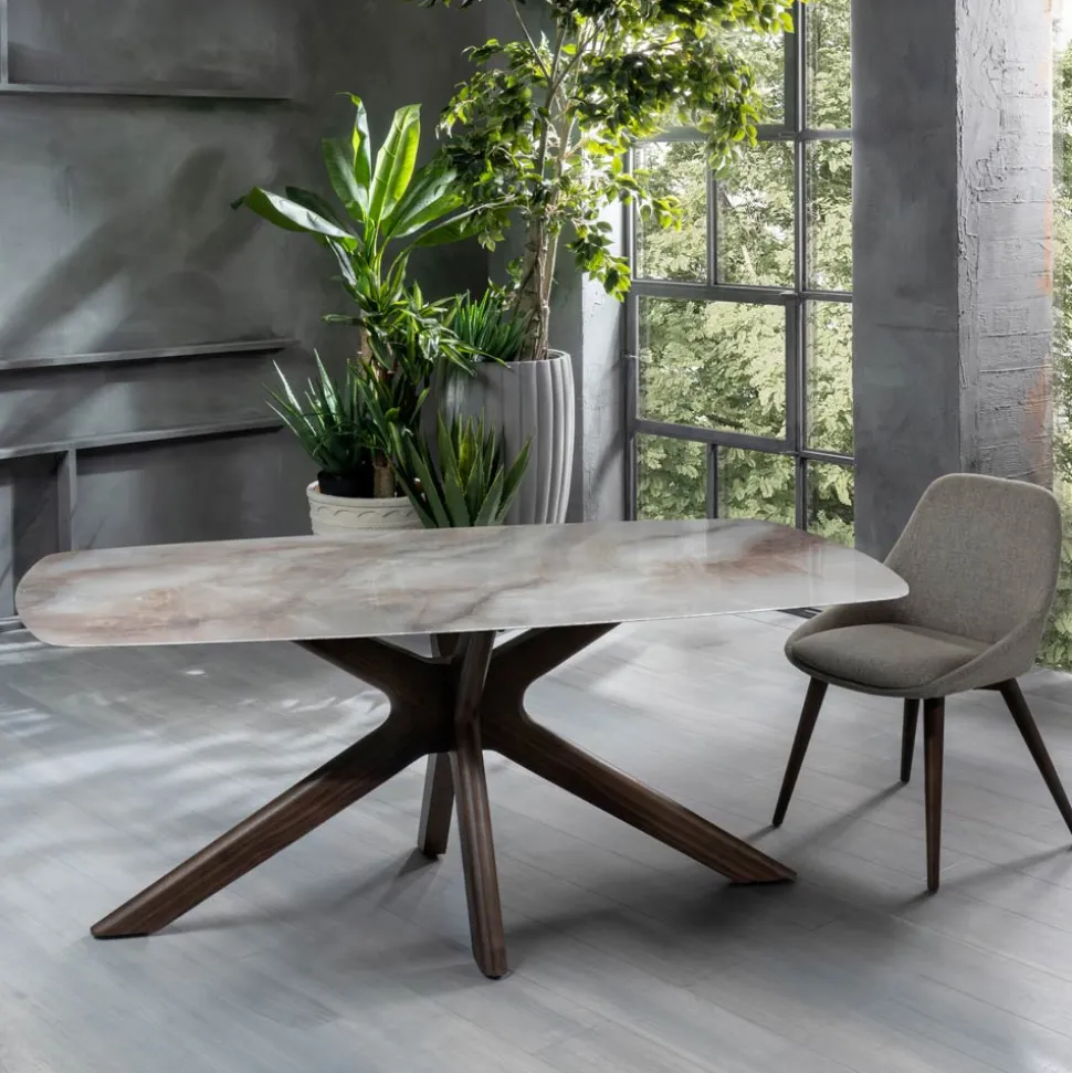 Tavolo Fisso con Piano in Ceramica e Base in Legno Massello di Noce - Arancio