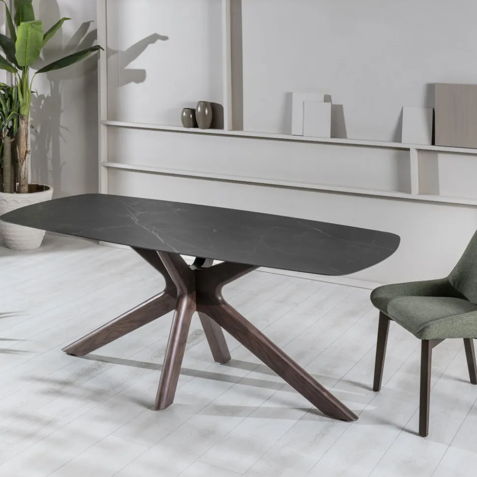 Tavolo Fisso con Piano in Ceramica e Base in Legno Massello di Noce - Arancio