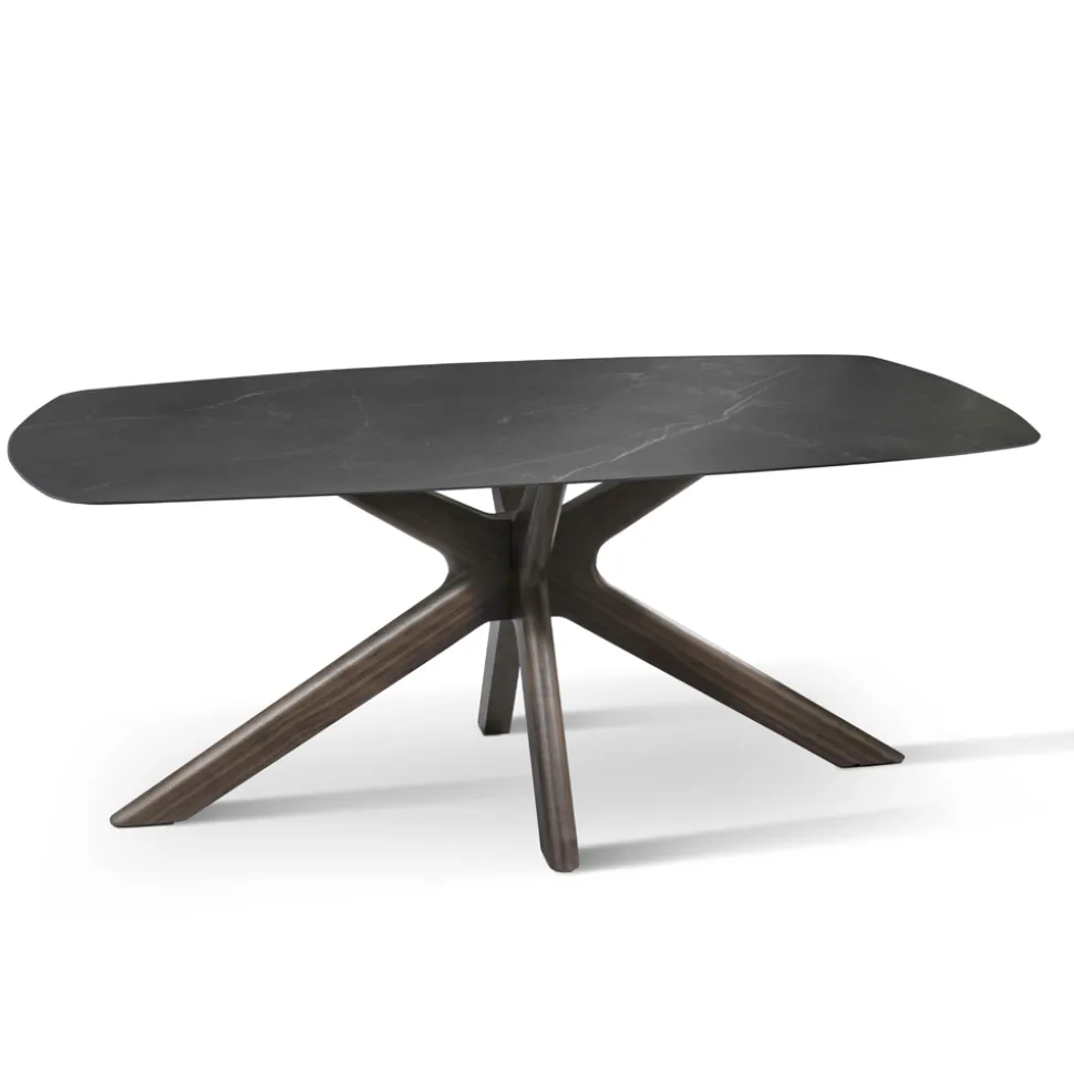 Tavolo Fisso con Piano in Ceramica e Base in Legno Massello di Noce - Arancio
