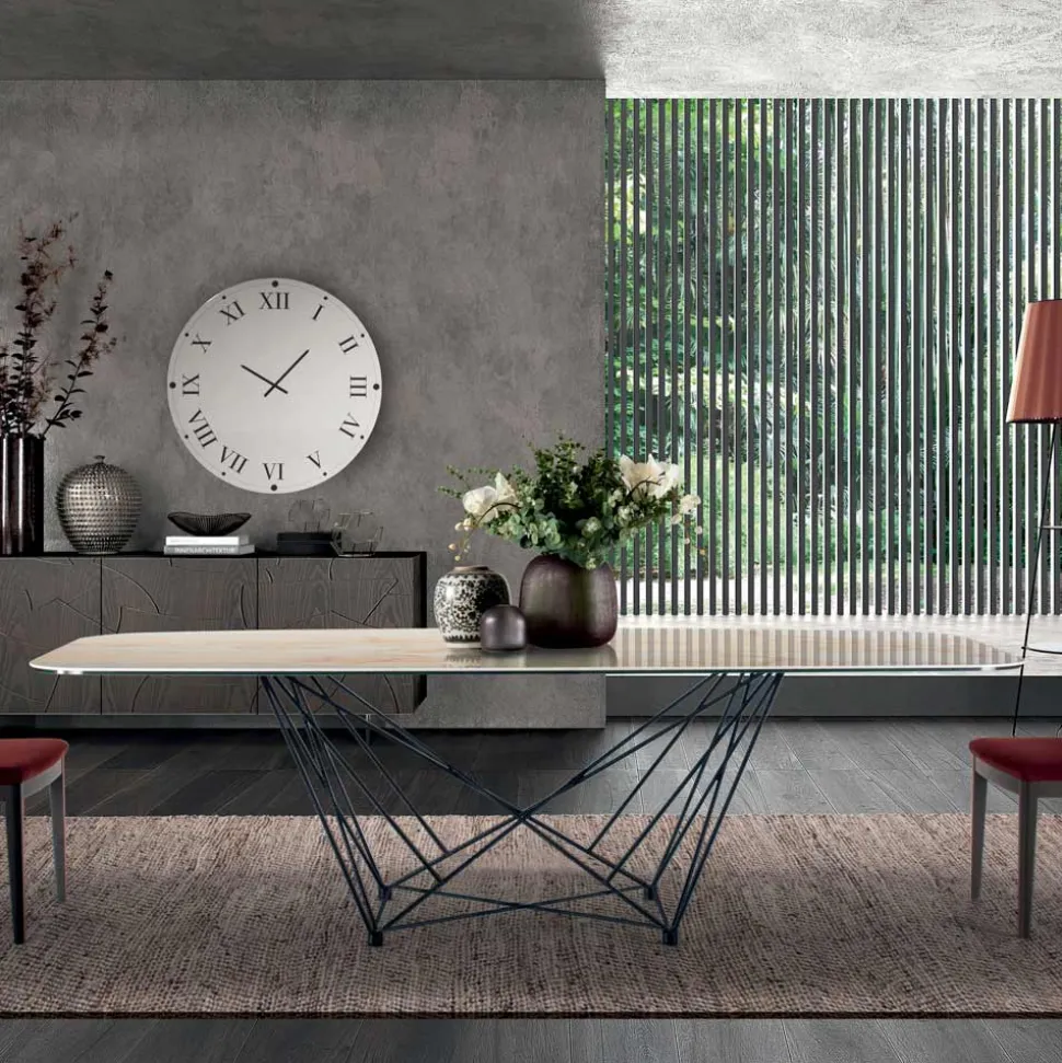 Tavolo Fisso con Piano in Ceramica a Botte e Base in Acciaio Made in Italy - Ezzellino