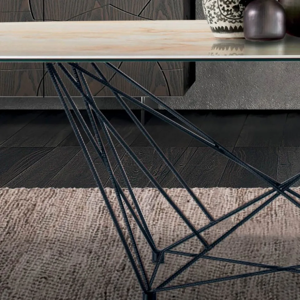 Tavolo Fisso con Piano in Ceramica a Botte e Base in Acciaio Made in Italy - Ezzellino