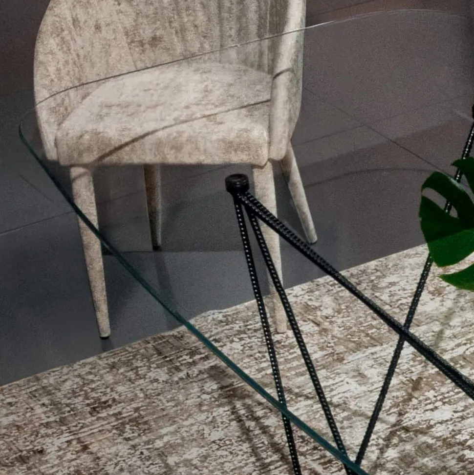 Tavolo Fisso con Piano in Vetro a Botte e Base in Acciaio Made in Italy - Ezzellino
