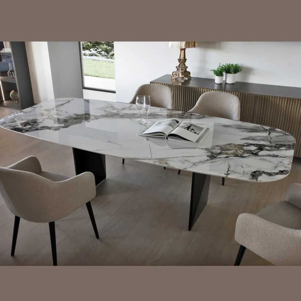 Tavolo Fisso in Metallo e Piano in Ceramica Arabesque Lucido - Eronte