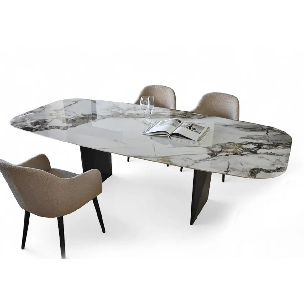 Tavolo Fisso in Metallo e Piano in Ceramica Arabesque Lucido - Eronte