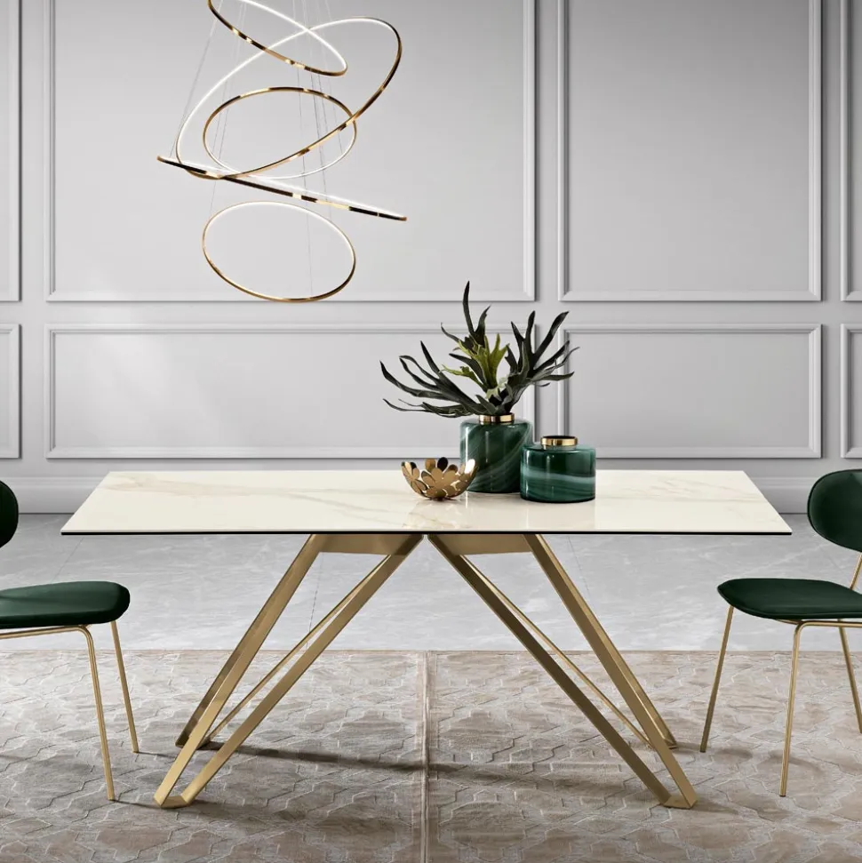 Tavolo Fisso in Vetroceramica Calacatta Oro e in Metallo Made in Italy - Meluso