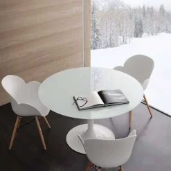 Tavolo fisso rotondo in vetro temperato extrawhite e acciaio Aurora