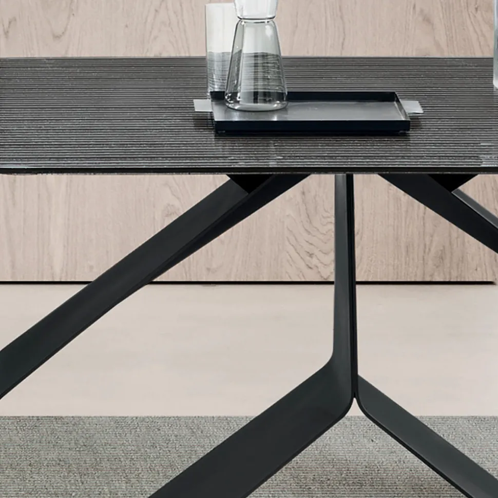 Tavolo Fisso 210x110 cm con Piano in Vetro Rigato e Base in Metallo - Adriano