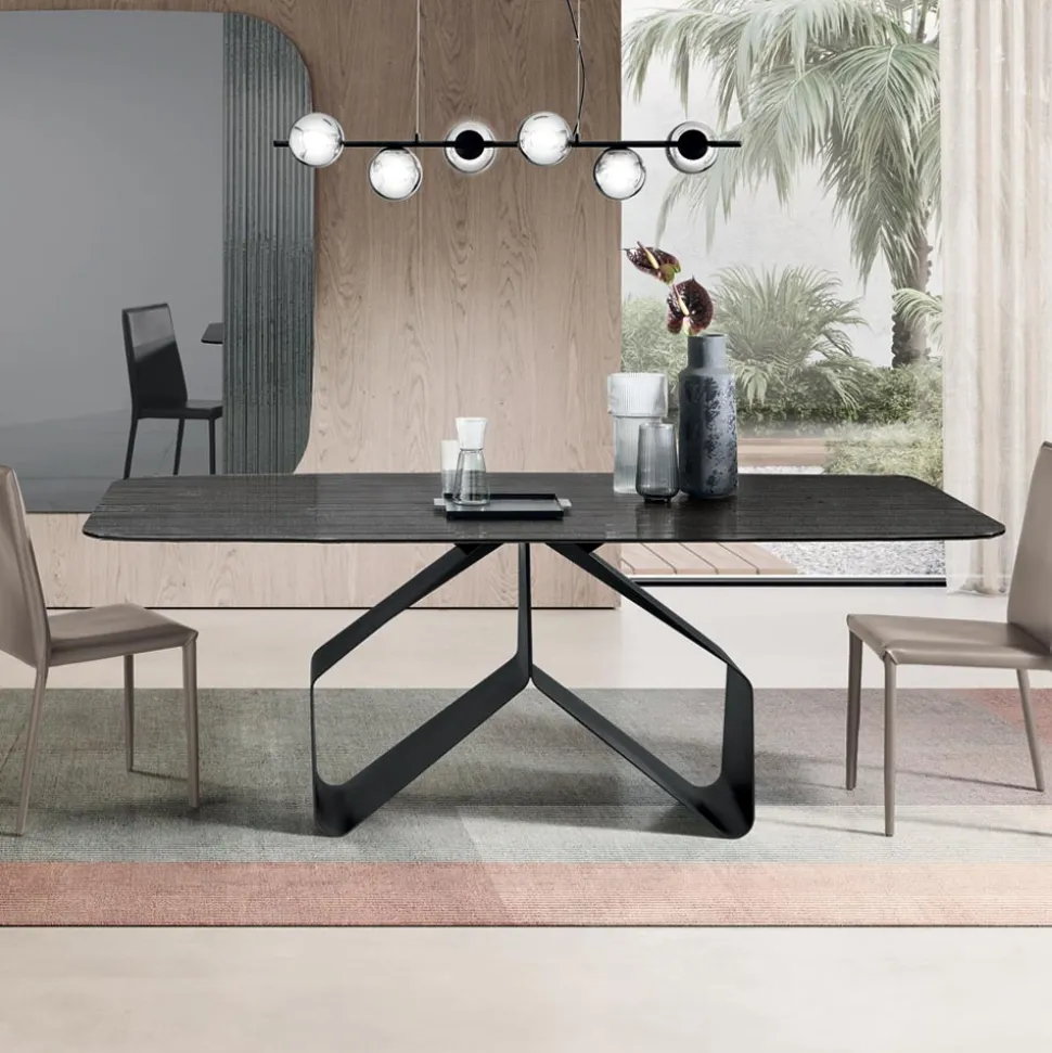 Tavolo Fisso 210x110 cm con Piano in Vetro Rigato e Base in Metallo - Adriano