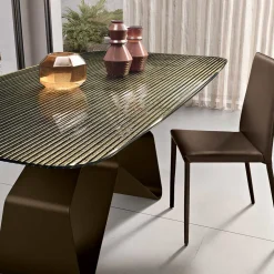 Tavolo Fisso 210x110 cm con Piano in Vetro Rigato e Base in Metallo - Adriano