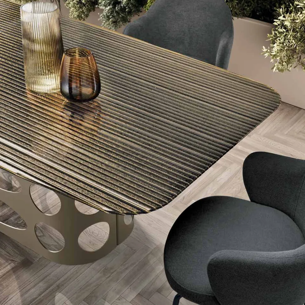 Tavolo Fisso 210x110 cm con Piano in Vetro Rigato Made in Italy - Tano
