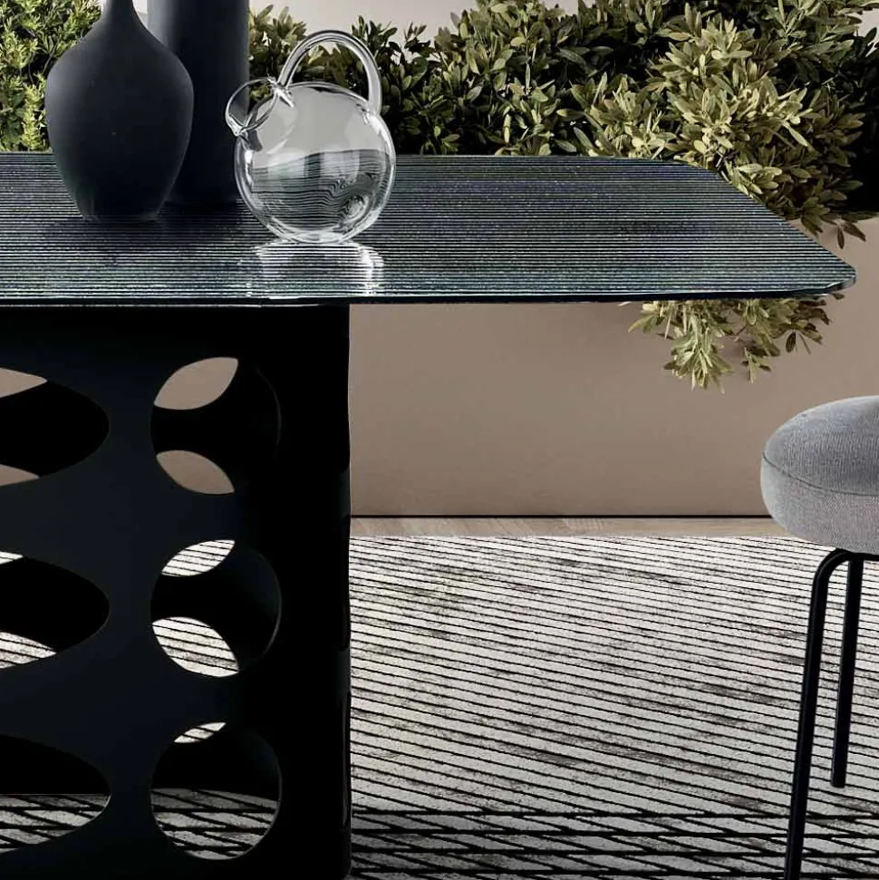 Tavolo Fisso 210x110 cm con Piano in Vetro Rigato Made in Italy - Tano