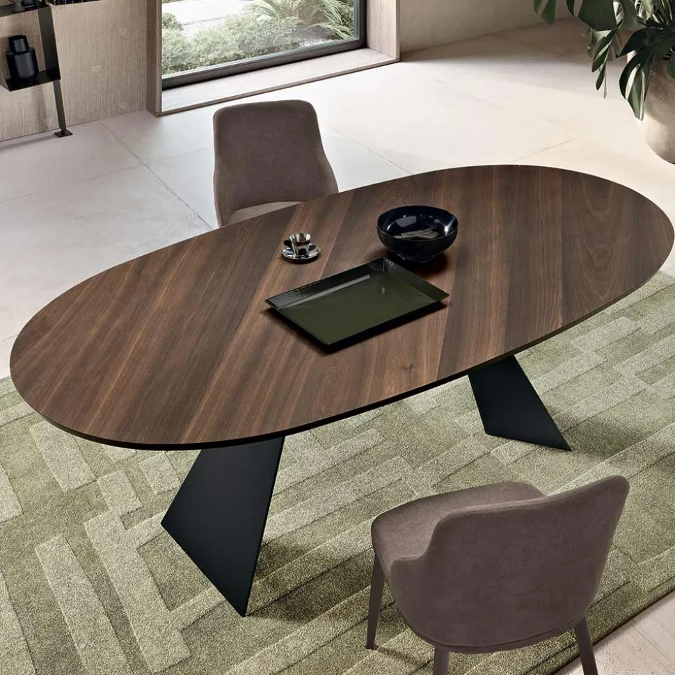 Tavolo Fisso 210x109 cm in Metallo e Rovere Impiallacciato Ovale - Marcello