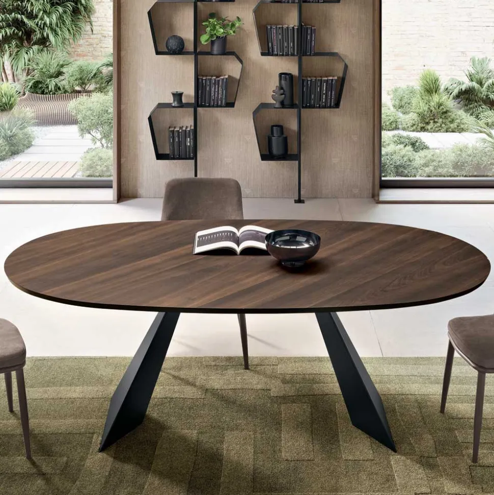 Tavolo Fisso 210x109 cm in Metallo e Rovere Impiallacciato Ovale - Marcello