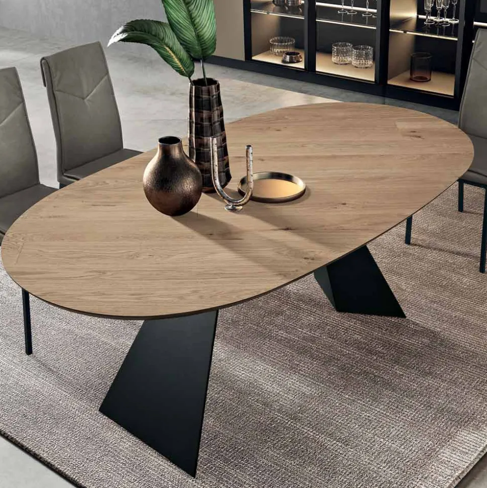 Tavolo Fisso 210x109 cm in Metallo e Rovere Impiallacciato Ovale - Marcello
