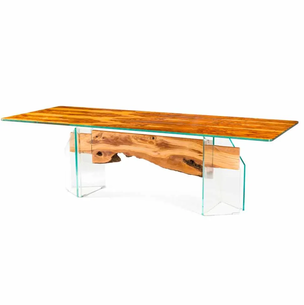 Tavolo moderno in legno di olivo e vetro rettangolare Portofino