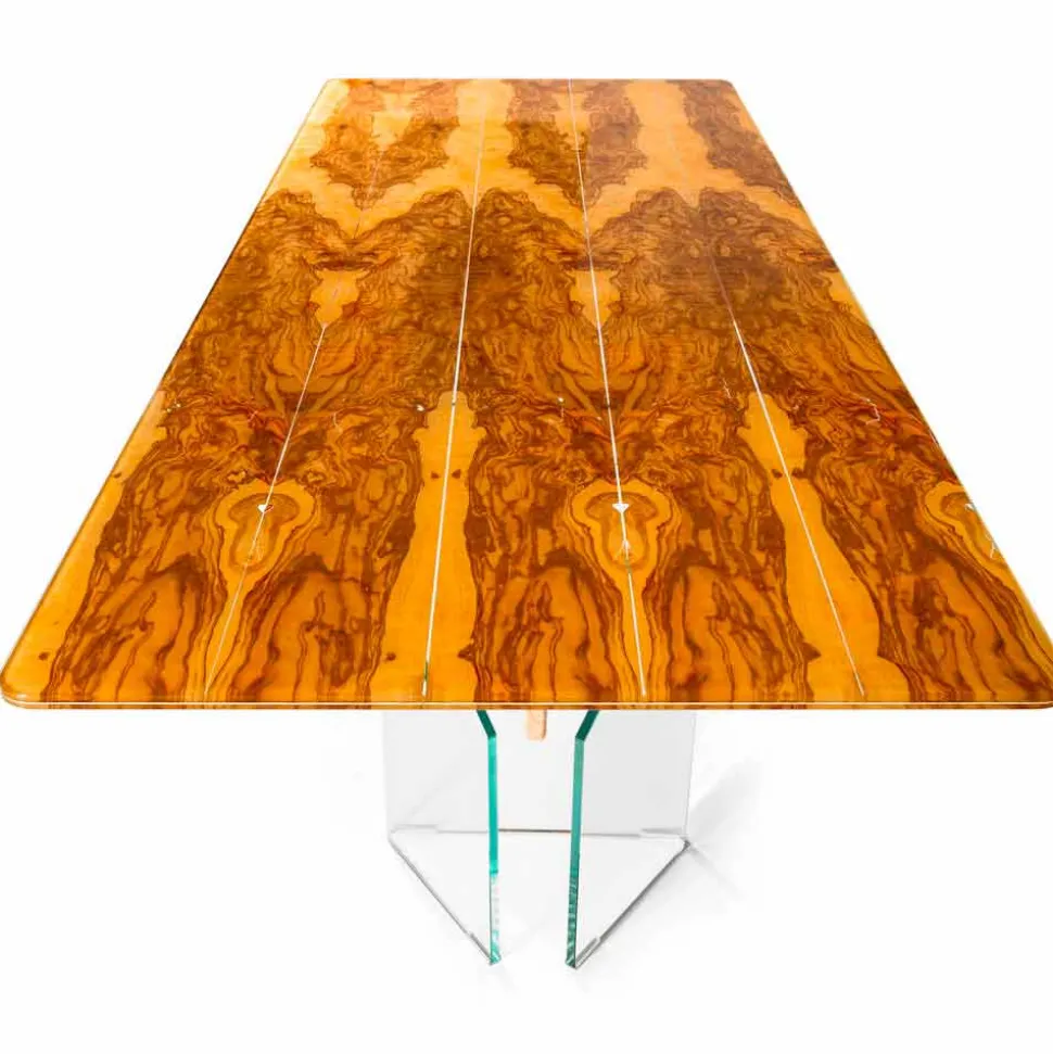 Tavolo moderno in legno di olivo e vetro rettangolare Portofino