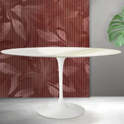 Tavolo Ovale Tulip Saarinen H 74 cm in Ceramica Florim Calacatta Gold Opaco - Scarlet