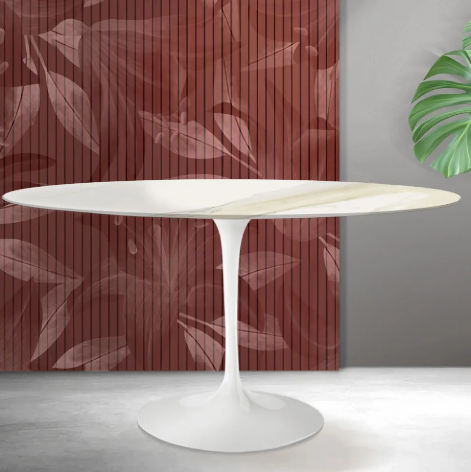 Tavolo Ovale Tulip Saarinen H 74 cm in Ceramica Florim Calacatta Gold Opaco - Scarlet