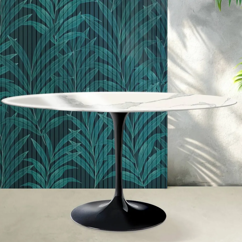 Tavolo Ovale Tulip Saarinen H 74 cm in Ceramica Florim Statuario Lucido - Scarlet