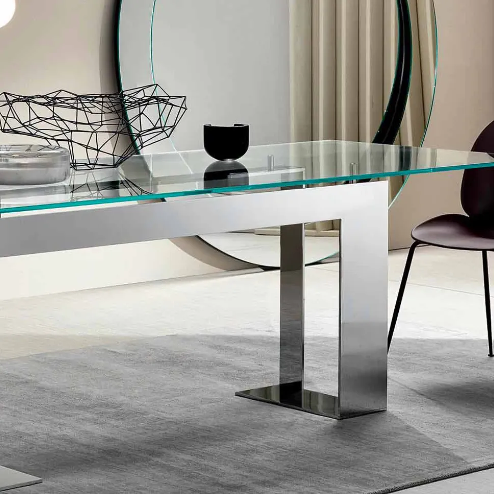 Tavolo Piano in Vetro Extrachiaro e Gambe Metallo, Qualità Made in Italy - Speck