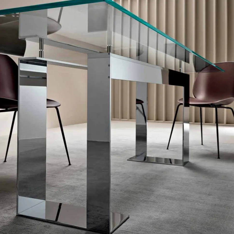Tavolo Piano in Vetro Extrachiaro e Gambe Metallo, Qualità Made in Italy - Speck