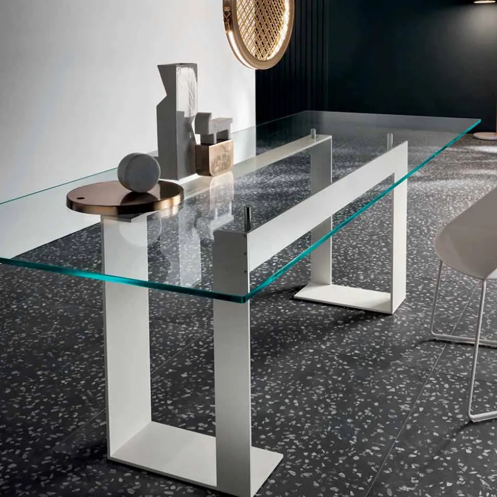 Tavolo Piano in Vetro Extrachiaro e Gambe Metallo, Qualità Made in Italy - Speck