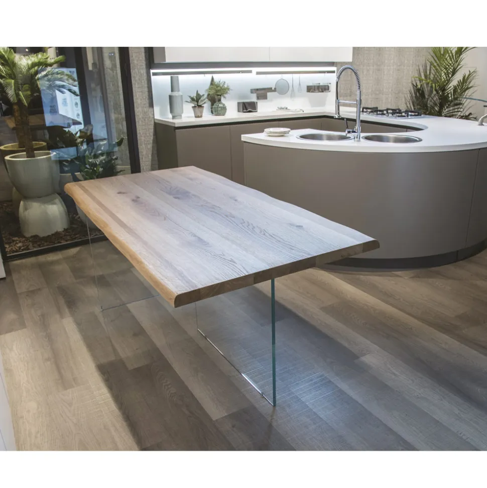 Tavolo Placcato Rovere Massello e Base in Cristallo Made in Italy - Noelia