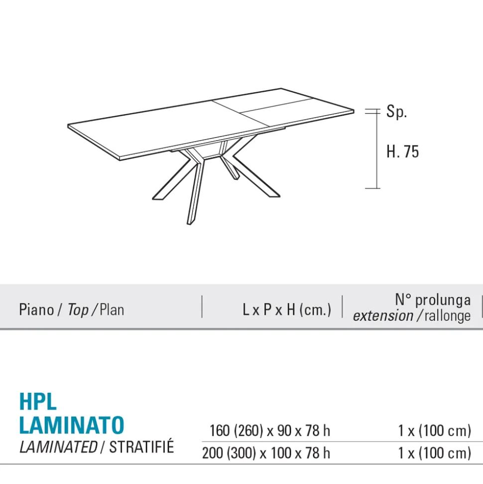 Tavolo Rettangolare Allungabile a 260 o 300 cm in HPL e Metallo - Charmy