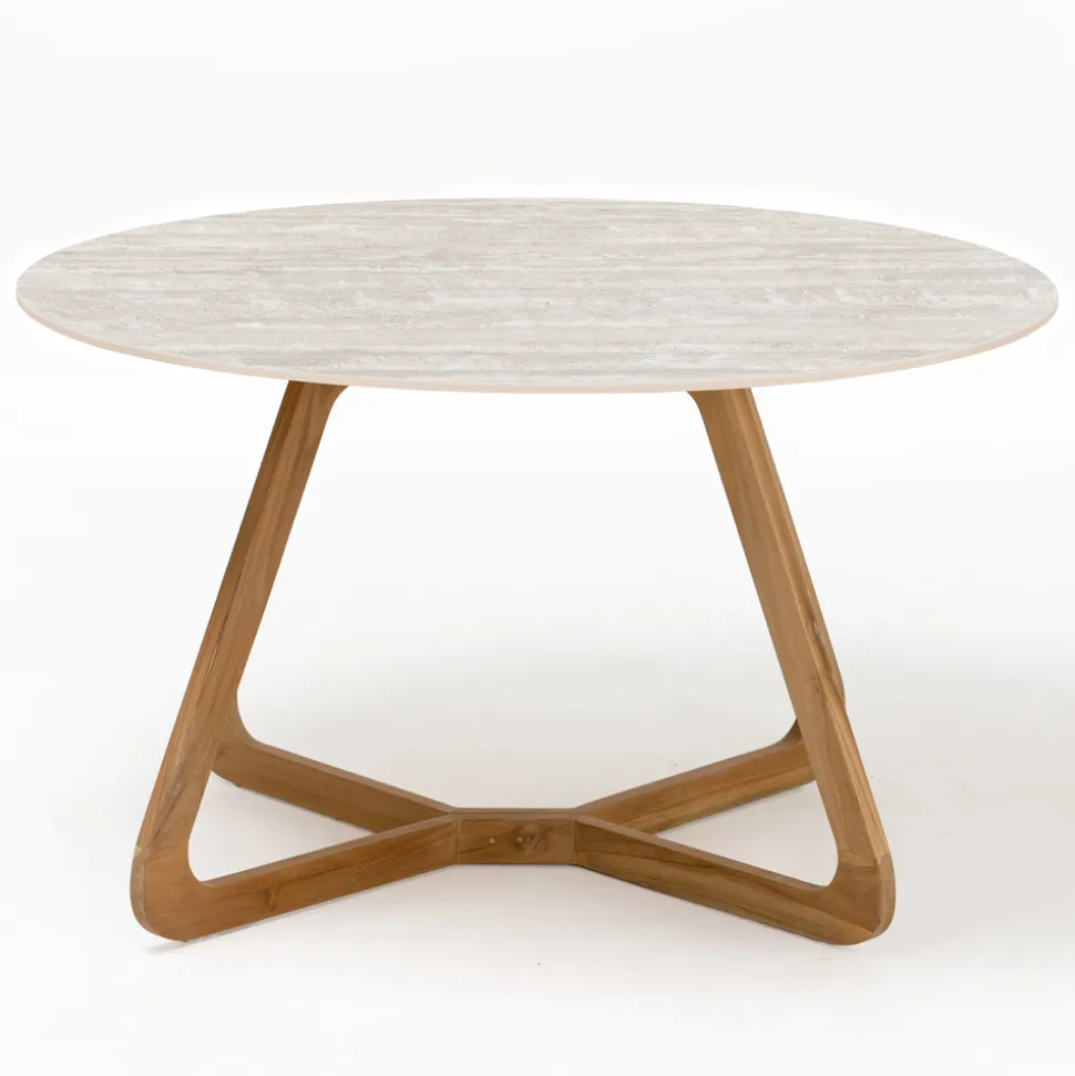 Tavolo Rotondo da Esterno in Ceramica Travertino Chiaro Made in Italy - Pegaso