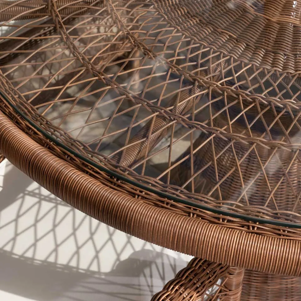 Tavolo Rotondo da Esterno in Polyrattan con Piano in Vetro - Gigi