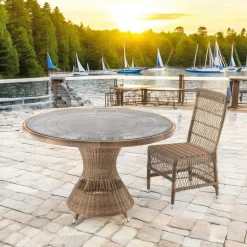 Tavolo Rotondo da Esterno in Polyrattan con Piano in Vetro - Gigi