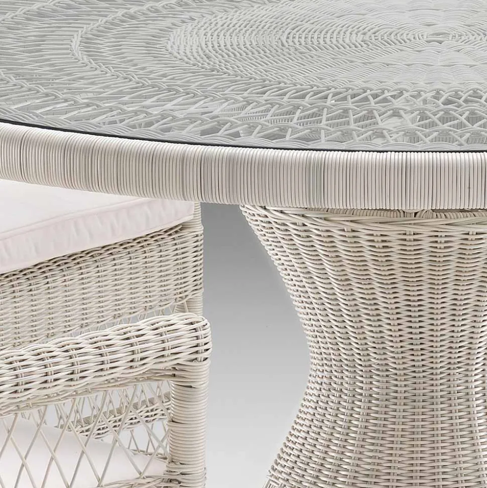 Tavolo Rotondo da Esterno in Polyrattan con Piano in Vetro - Gigi