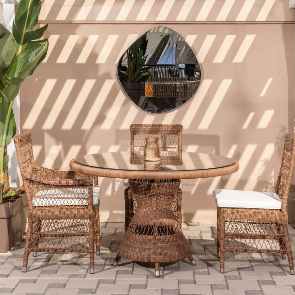 Tavolo Rotondo da Esterno in Polyrattan con Piano in Vetro - Gigi