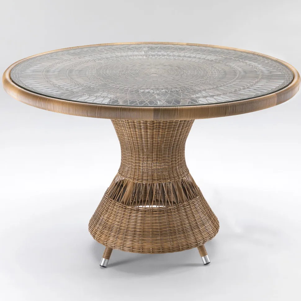 Tavolo Rotondo da Esterno in Polyrattan con Piano in Vetro - Gigi